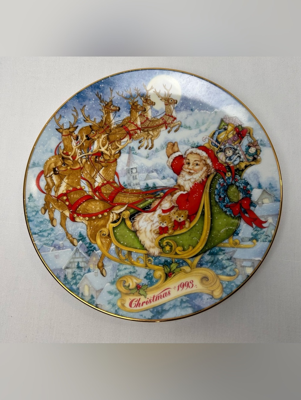 Avon Santa in Green Sleigh Decorative Holiday Plate - Red, Green, Gold, Blue